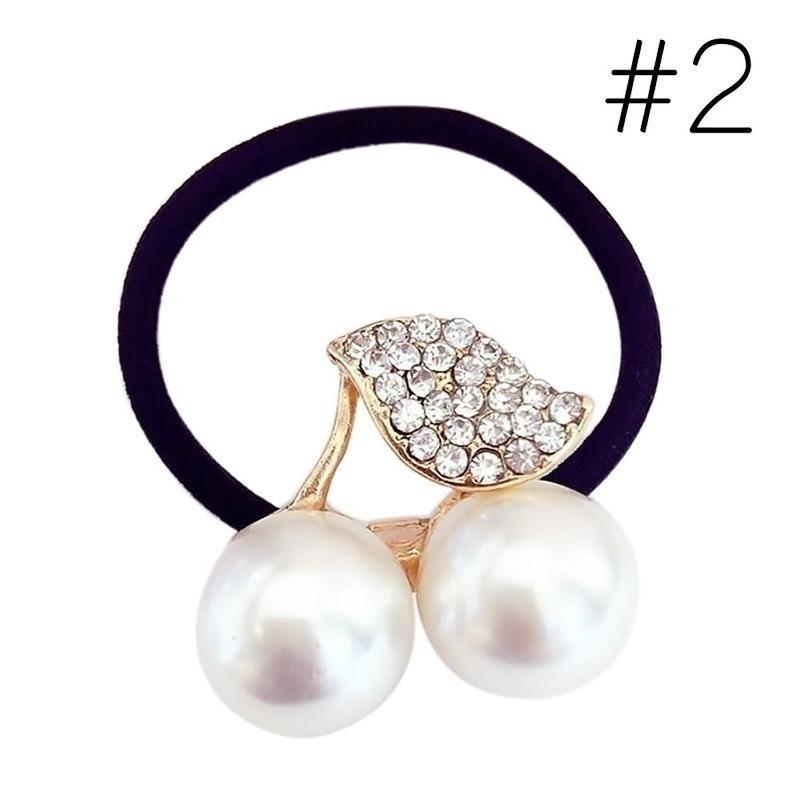1Pc Women Girls Cherry Leaves Pearl Fashion Hair Rope Ladies Red and White Hair Accessories (Color Random)