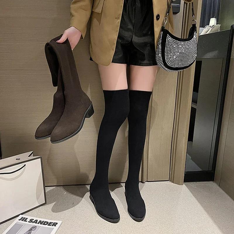 Fashion Knee High Shaft Shoes Woman Middle Heel Thigh Long Boots for Women Pointed Toe Above Over The Y2k On Offer Spring Autumn Work Pu