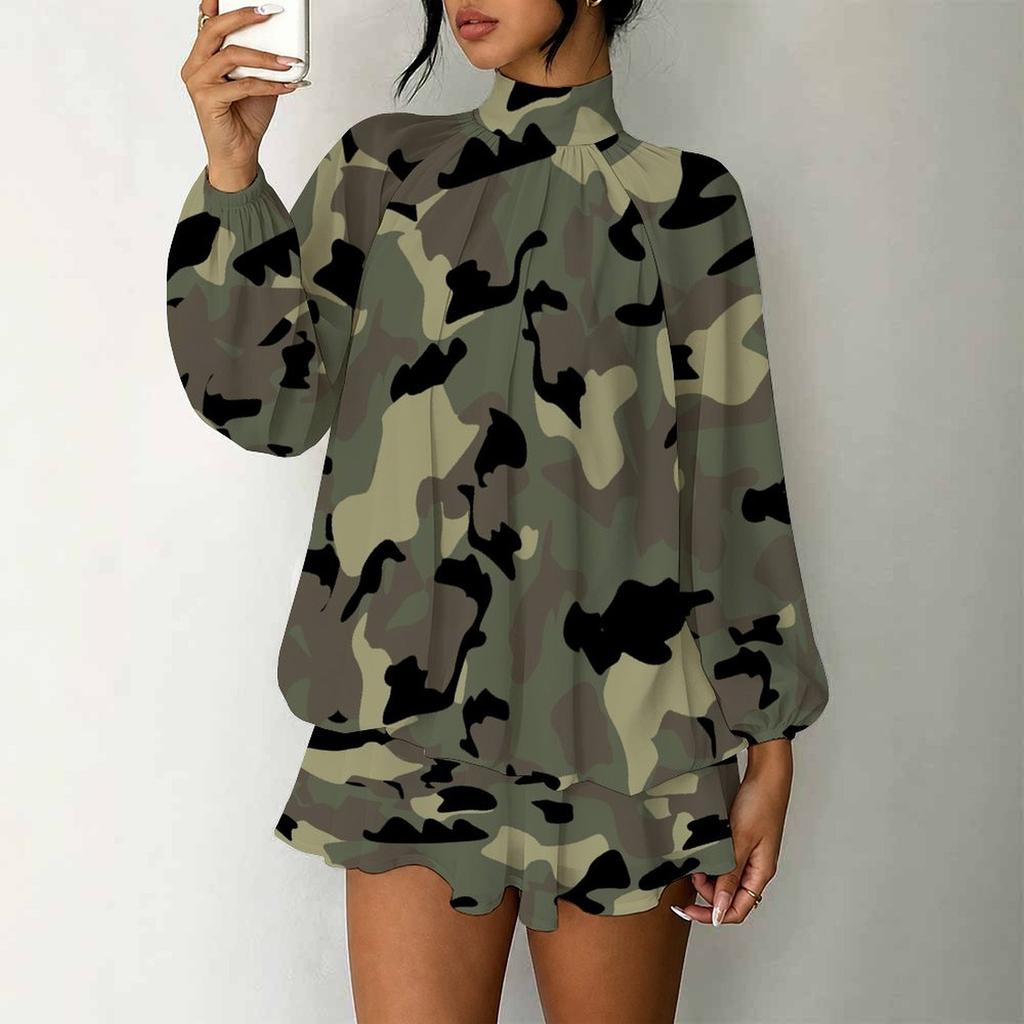 Women's 3D Pink Grey Plaid Print Mock Neck Long Sleeve Dress, Raglan Sleeve Fake Two Piece Mini Dress