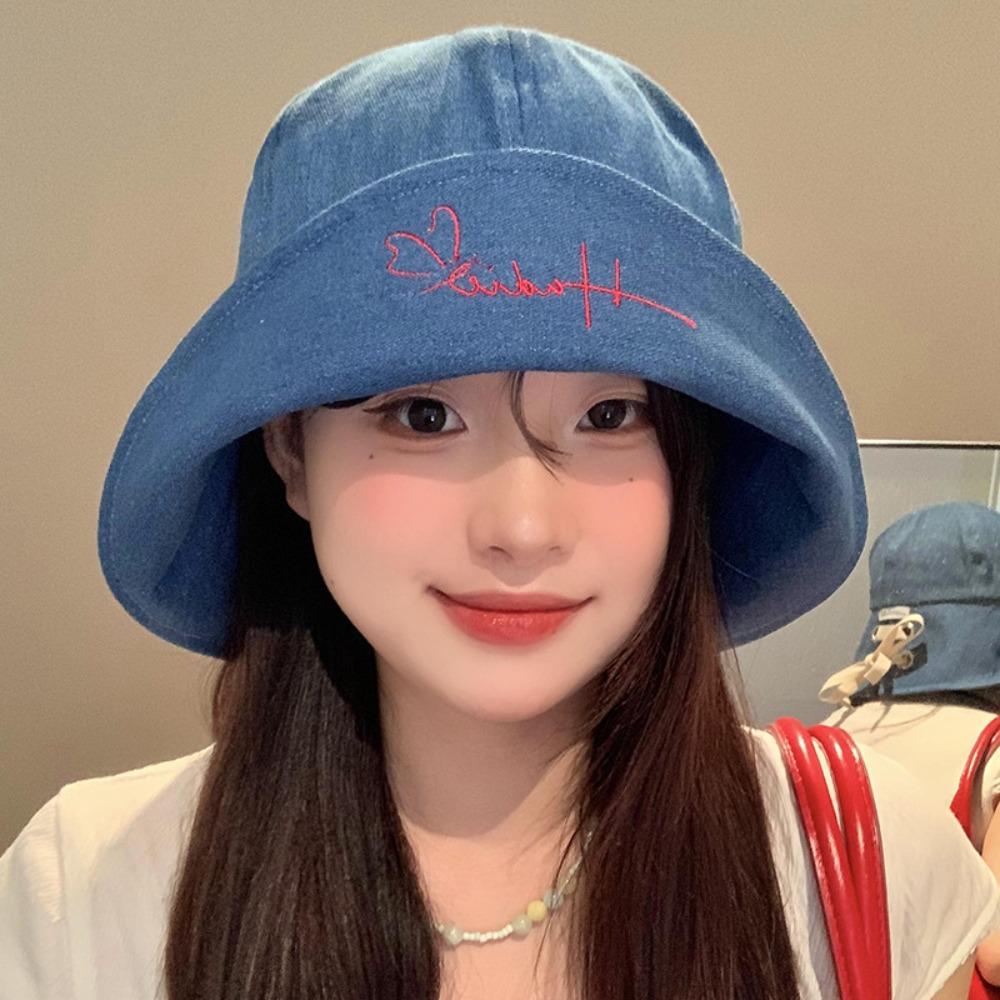 Letter Embroidery Distressed Cowboy Bucket Hat Drawstring Adjustable Windproof Fisherman Hat Wide Brim Casual Sun Hat