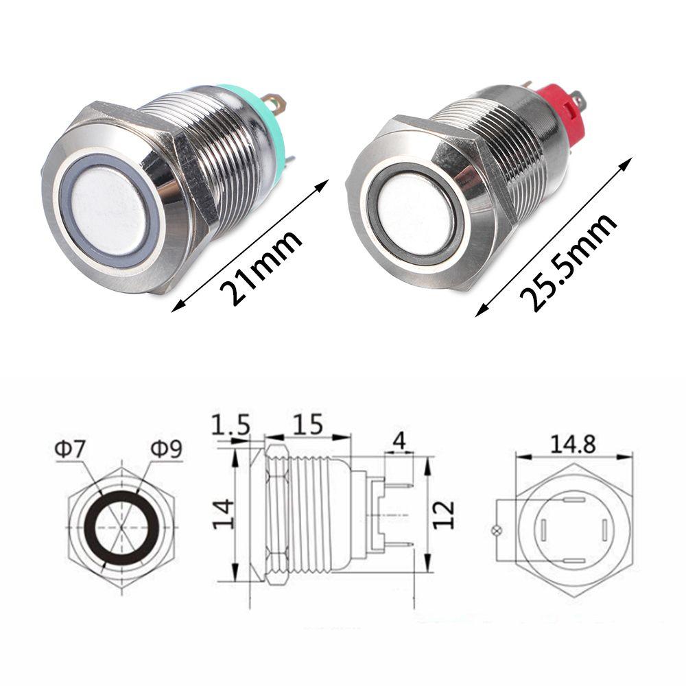 Waterproof 3V 5V 9V 12V 24V 110V 220V Push Metal Button Switch Momentary/Latching 12mm LED