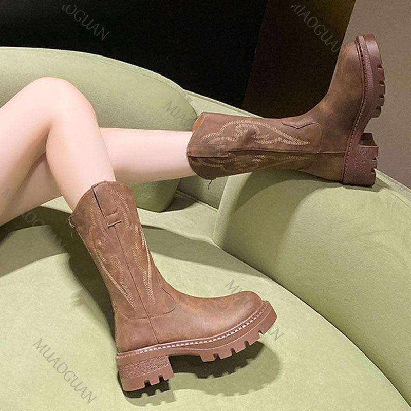 Fashion Embroidery V-Mouth Middle Calf Boots Autumn Chunky Heel Platform Women's Shoes Western Cowboy Western Cowboy Boots for Women