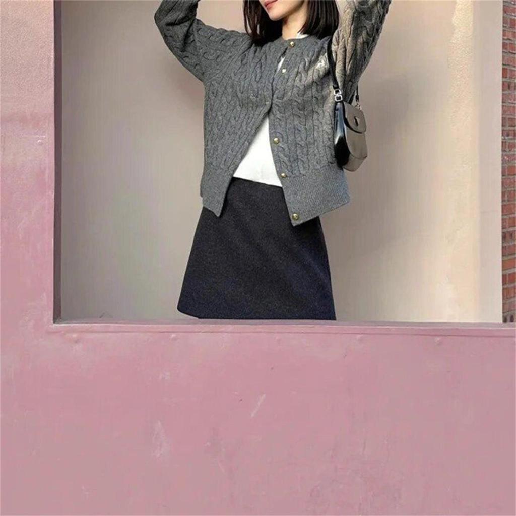 Coffee Wool Blend Midi A-Line Skirt: High-Waisted, Slimming, Anti-Exposure, Thickened for Spring/Autumn, Hip-Hugging Mini Skirt for Women