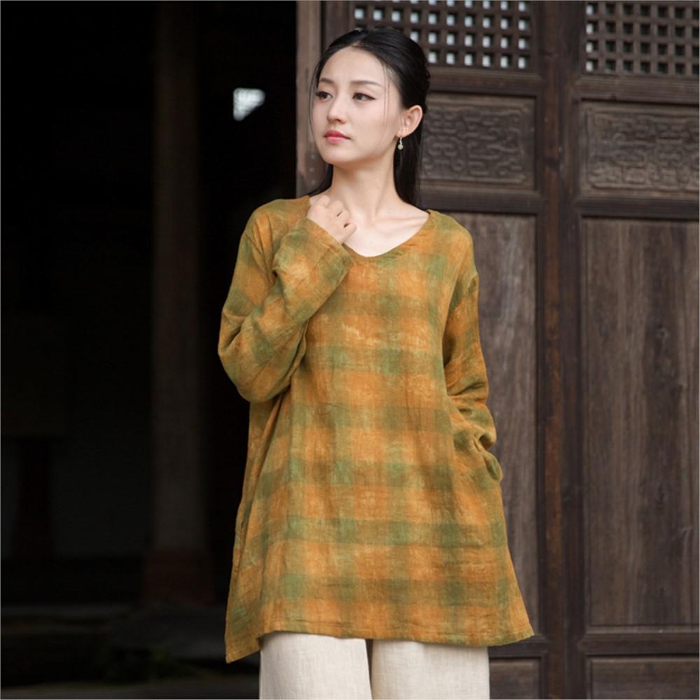 Johnature Damen Vintage Print T-Shirts V-Ausschnitt Langarm Herbst Locker Damen Weiche T-Shirts