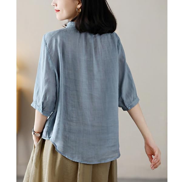 Blouse for Sleeve Cotton Thin Large Short Button Forest Everyday [Ailiyumo] Women, 5/8 Shirt, Linen, Top, Size, Summer, Plain, Length, Down, Natural,