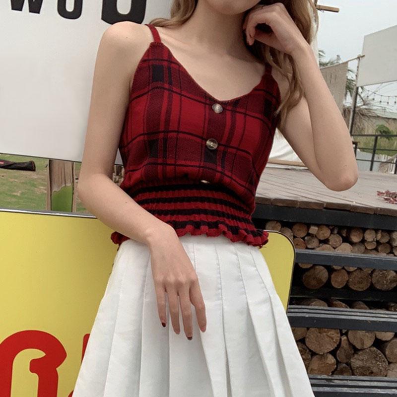 Dámské tílko s véčkovým výstřihem a kostkovaným topem, ležérní vesta bez rukávů