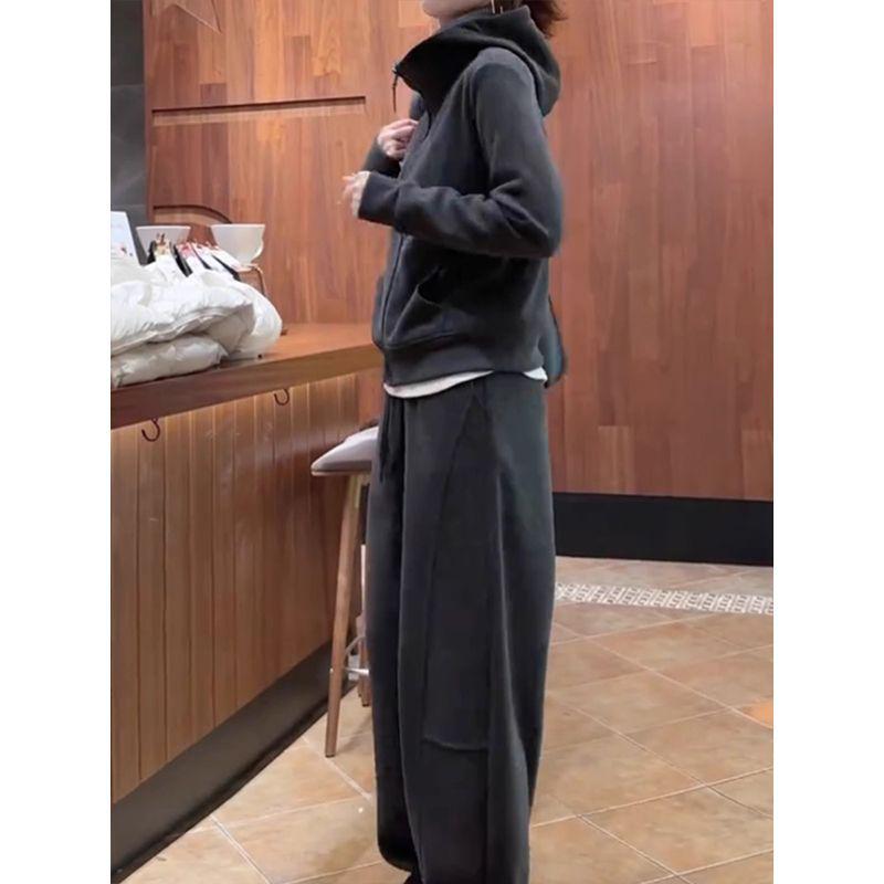 2025 Women's Plus Size Casual Two-Piece Set: Sweatshirt Jacket & Wide Leg Pants for Autumn/Spring