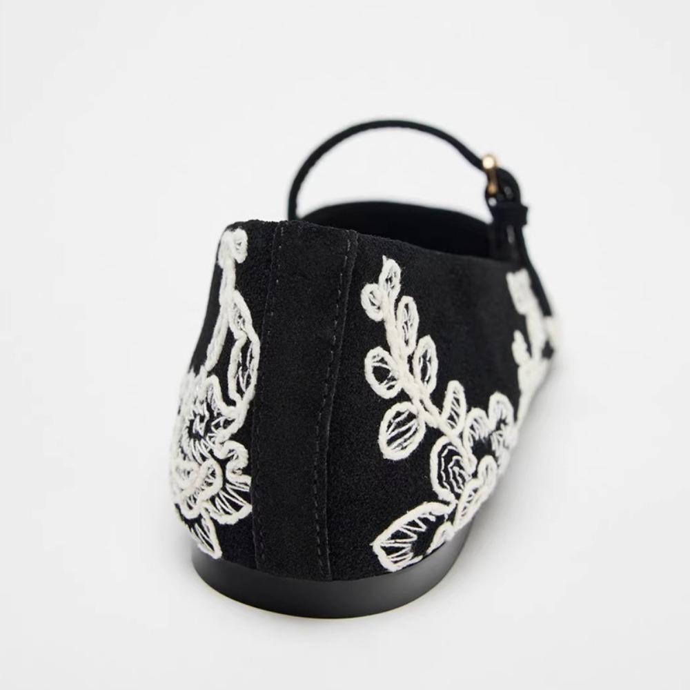 Fashion Retro Embroidered Flower Flat Ballet Shoes for Women 2025 Spring New French Round Head One Word Mary Jane Single Shoes Womens