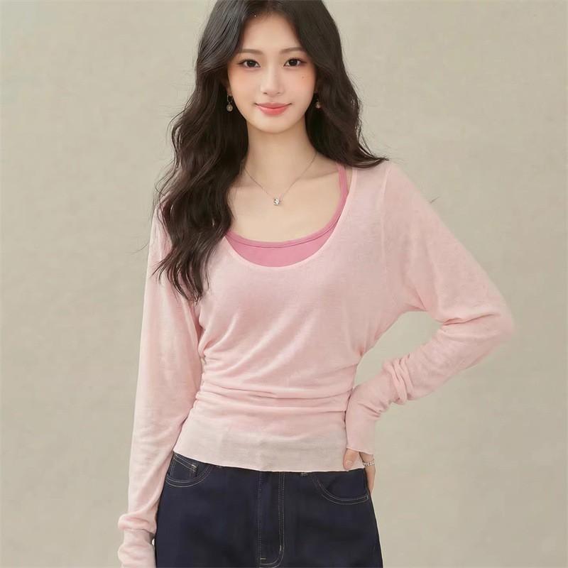 Womens 2-Piece Set: Soft V-Neck Long Sleeve Top Tank Loose Fit Thin Breathable Casual Daily Wear