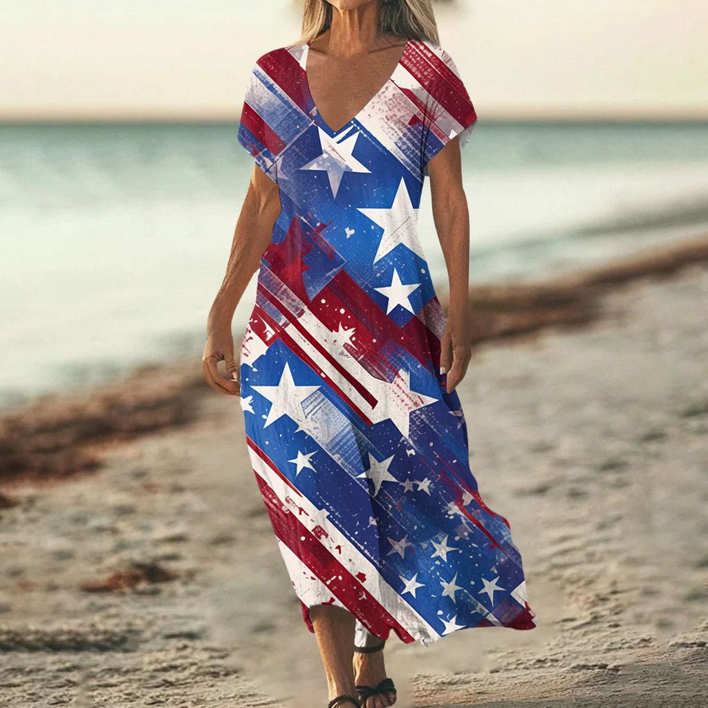 Sommerkleid Damen Lang Strandkleid Elegantes Kleid V-Ausschnitt Kurzarm Sommerkleid Leicht Luftig