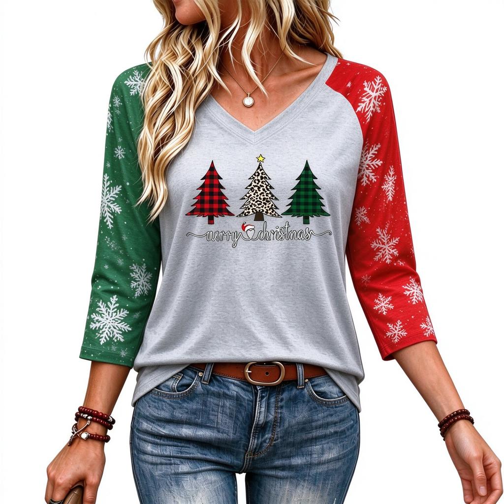 Women's V Neck 3/4 Sleeve Christmas Print Pullover Top Casual Holiday Shirt