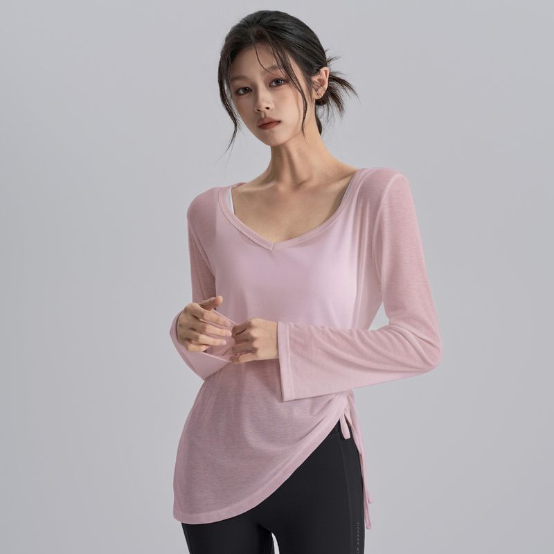 

Yoga Lightweight Blouse Summer Sun Protection New Arrival Yoga See-through Figure Flattering Hem Elegant Drawstring Long Sleeve Loose Top Pink L((50.00 kg-60.00 kg)