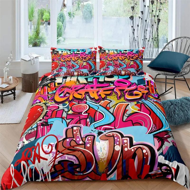 Hippie Graffiti King Queen Duvet Cover Hip Hop Bedding Collection For Kids Teens Adults Wall Urban Street Art Polyester Quilt Cover