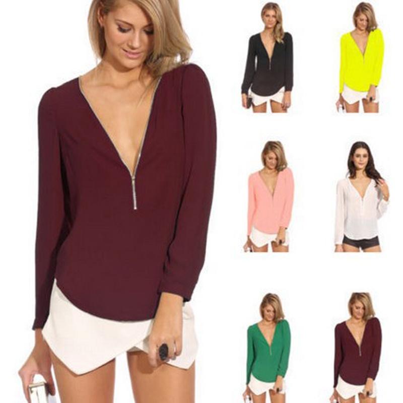 Elegant Women's Fashion Casual Autumn Blouse With V Neck And Long Sleeves Zipper Top
