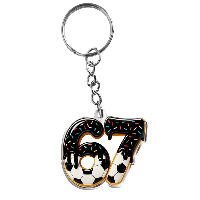 2D Flat Acrylic Keychain Cute Blue Icing Donut 67 Badminton Pattern Non-Fading Key Decor for Backpack Pendant