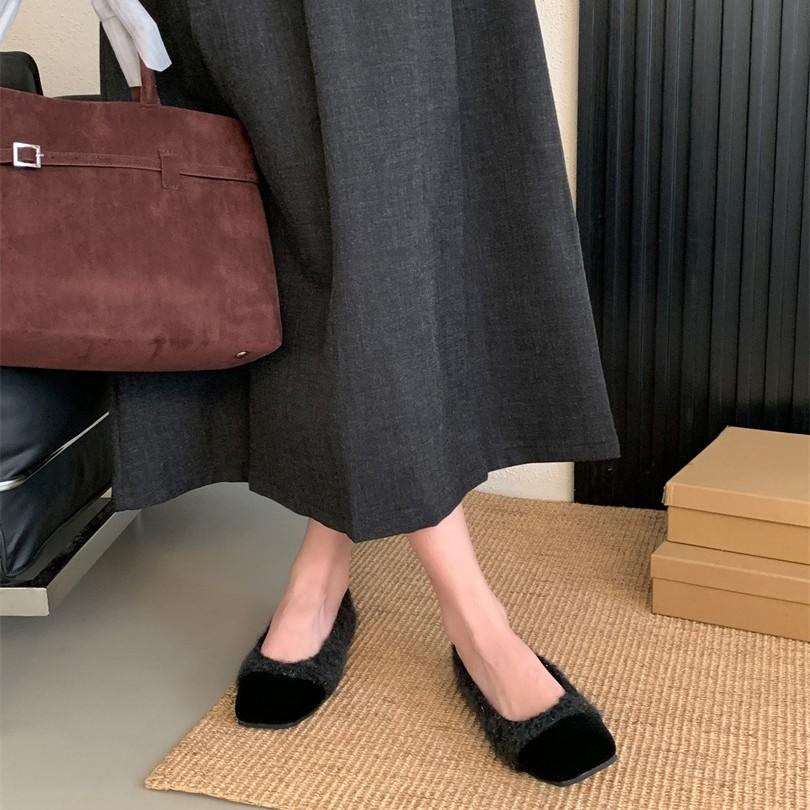 French Flat Bottom Gentle Evening Milk Tea Apricot Fluff Single Shoes Women's Autumn and Winter Velvet Small Fragrant Style with Skirt Grandma 