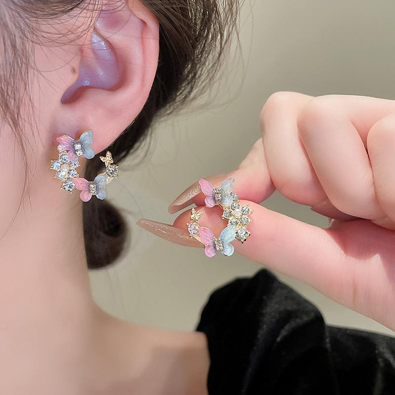 Blue Purple C-shaped Butterfly Stud Earrings Women Sweet Mori Flower Rhinestones Ear Studs Fashion Charms Jewelry Gift K