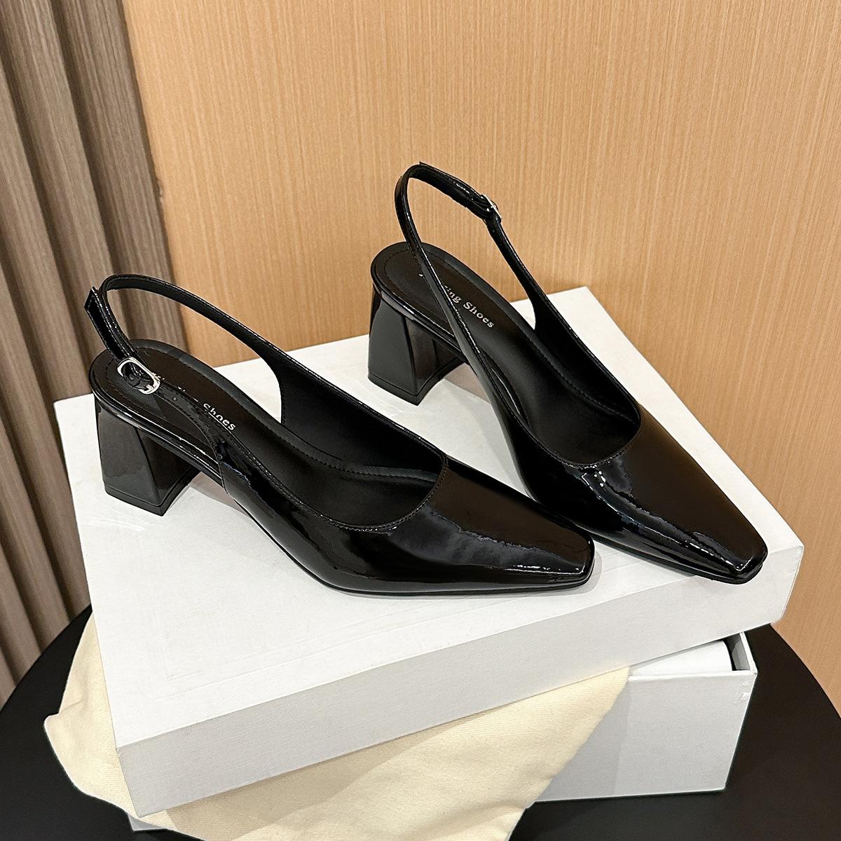 

866-2 French rear strap square head high heel single shoes women s new simple temperament thick heel empty bag head women s shoes 35 чёрный