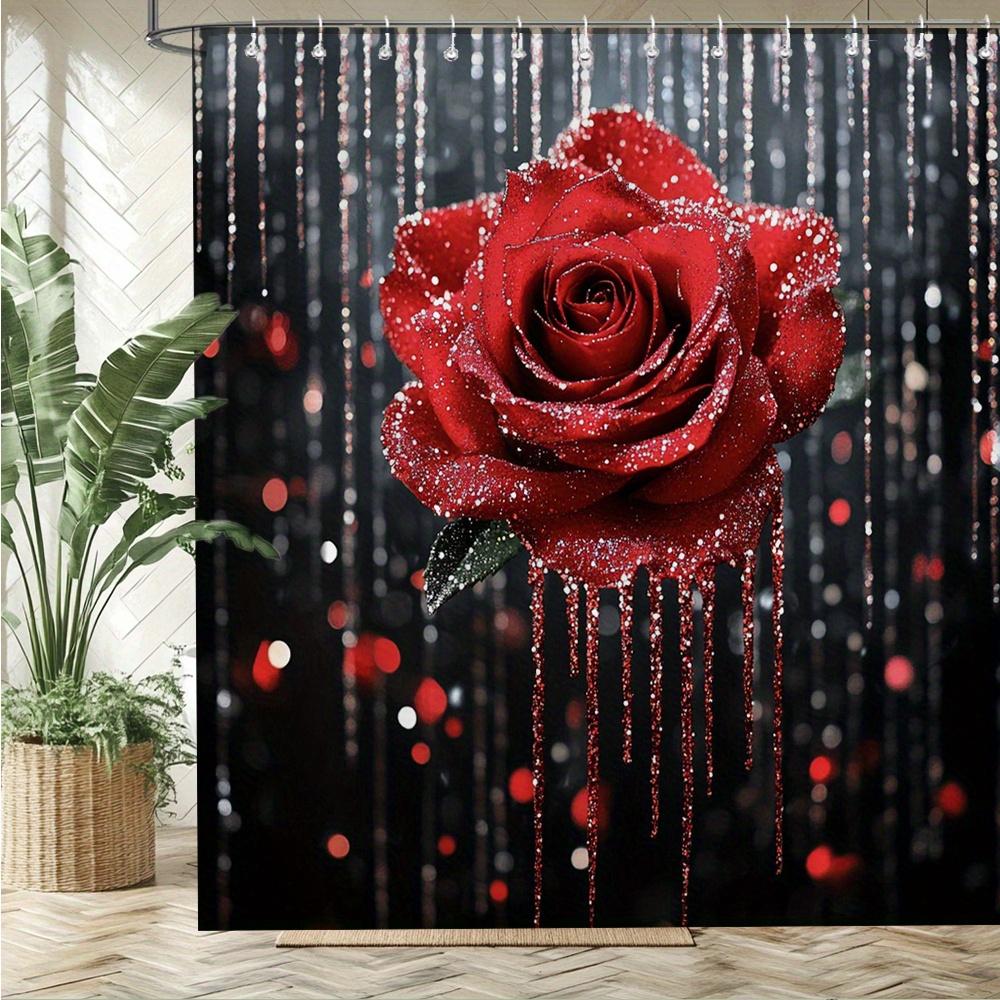 Red Rose with Glitter Drips Waterproof Mildew-Resistant Shower Curtain -Romantic Design for a Stunning Bathroom Décor Experience