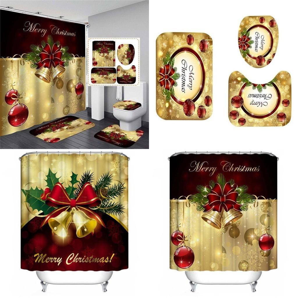 High-quality Waterproof Christmas Bathroom Set With Shower Curtain And Mat Pads