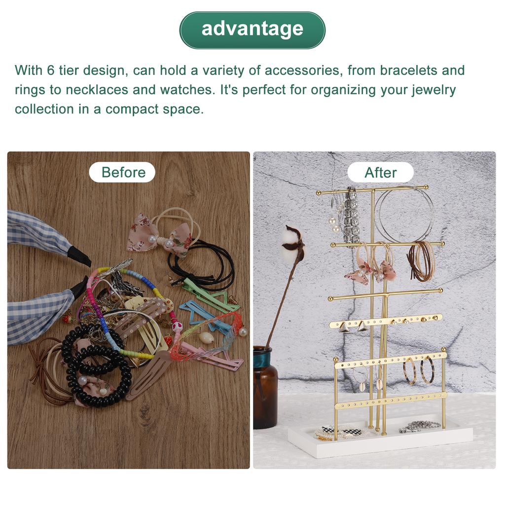 Jewelry Stand Holder 6 Tier Metal Necklace Display Organizer Earring Tower with Wood Tray for Bracelets Rings Necklaces Gold