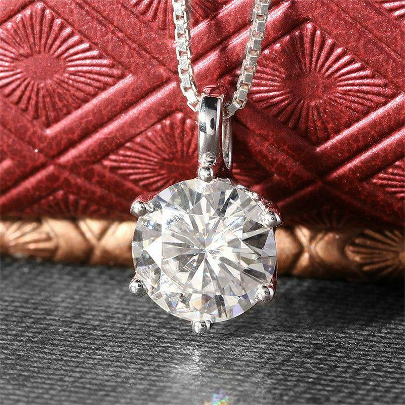 Silver Plated 6-Prong Round CZ Solitaire Pendant Necklace, Classic Brilliant Cut Box Chain Necklace for Women