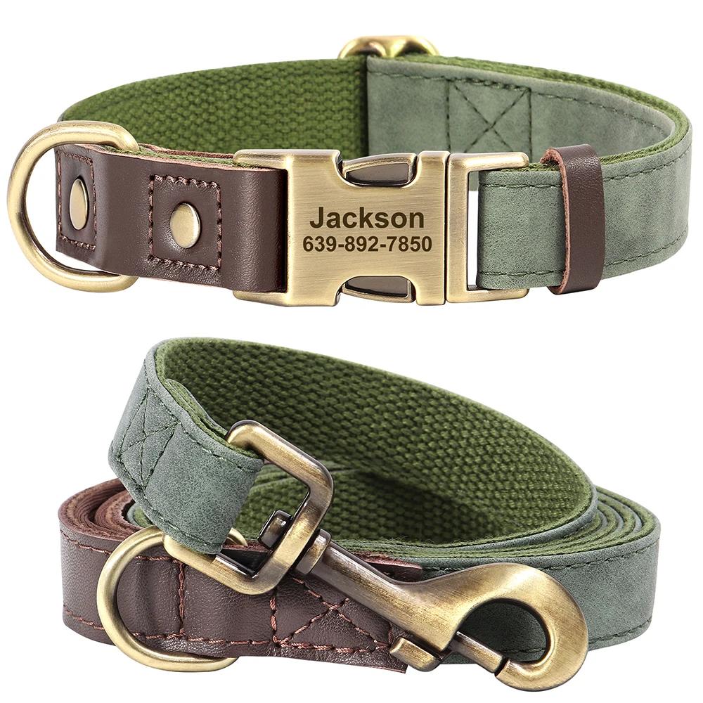 Personalized Leather Dog Collar and Leash Set Custom Engraved Nameplate ID Tag for Small Medium Large Dogs