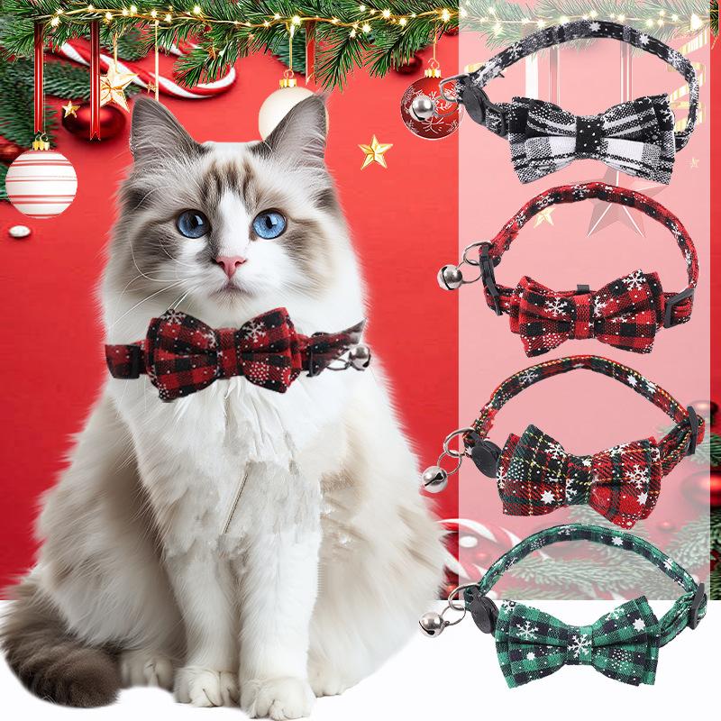 Pet Breakaway Cat Collar Bow Tie and Bell Cute Plaid Christmas Red Elastic Adjustable Dog Collar with Sash Bell New Year Gifts