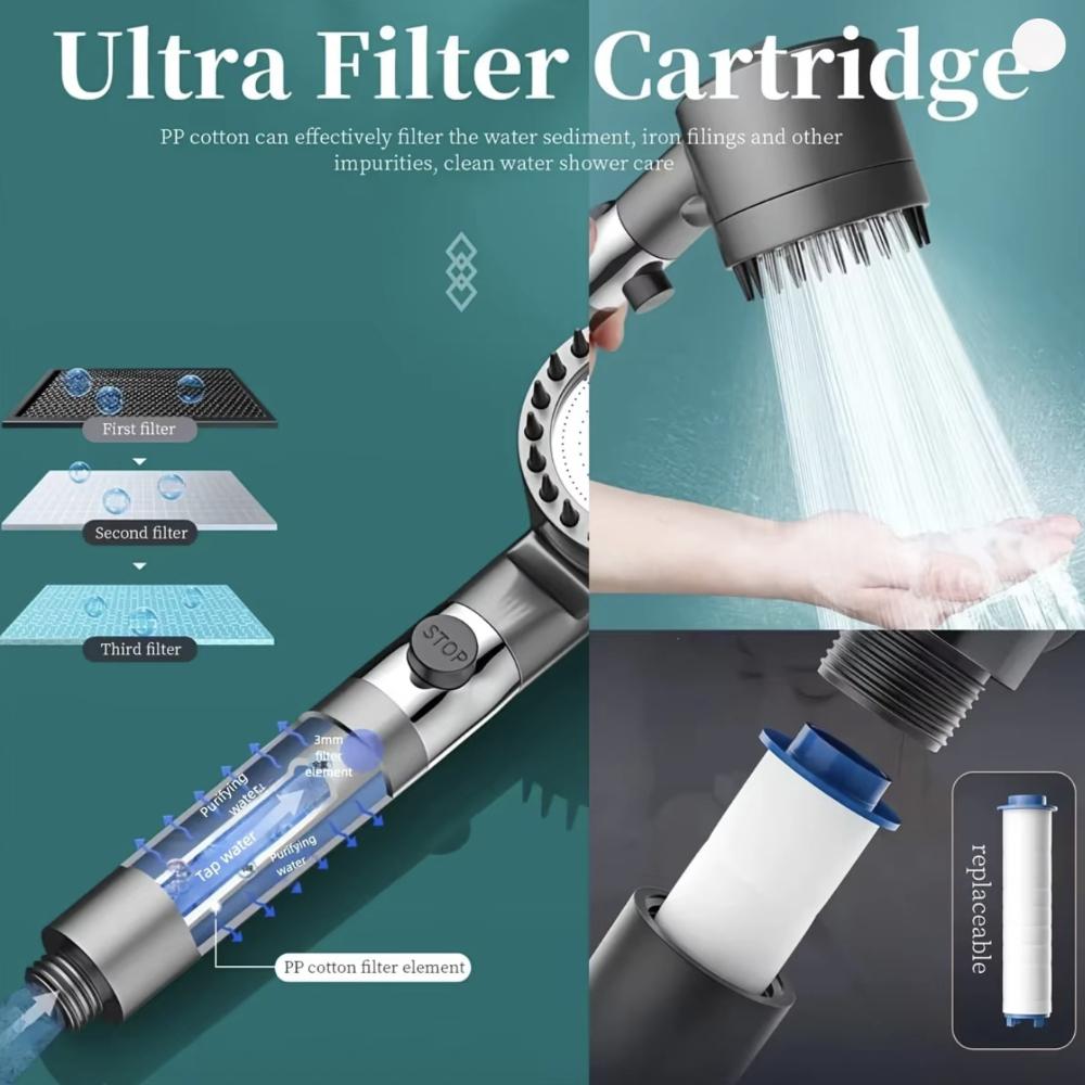 4-Mode Handheld Filter Shower Head Set - Adjustable Spray with Massage Brush, 1.5m Stainless Steel Hose, Adhesive Bracket