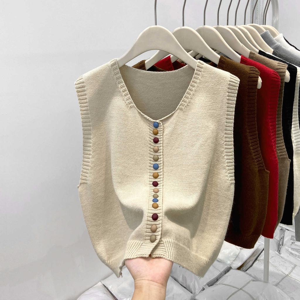 Korean, Rainbow, Single Breasted, Knitted Shoulder, Women's, Sweater, Stacked Cardigan, Vest
