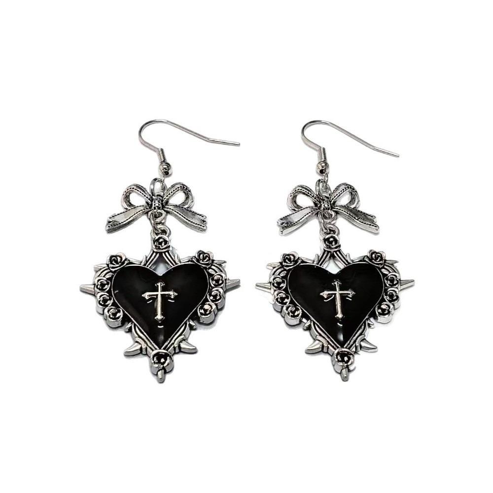 Bow Heart Cross Earrings Red Enamel Halloween Dangle Earrings Thorn Rose Drop Earrings Women