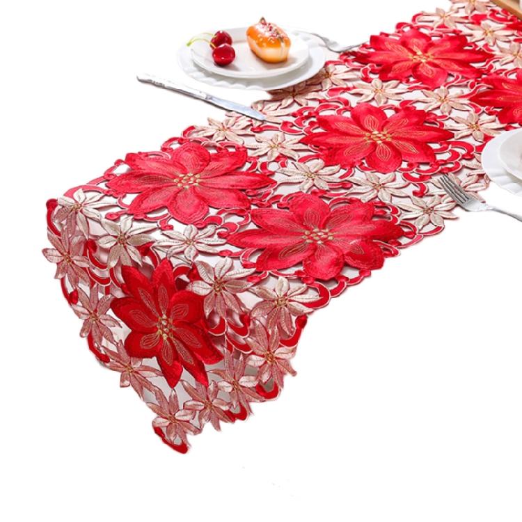 Christmas Embroidered Table Runners Luxury Poinsettia Holly Table Runner 38*176cm