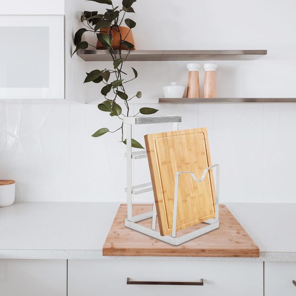 Stainless Steel Pot Lid Stand and Chopping Board Rack for Kitchen Countertop Organization, Storage Block, Space-Saving Cooking Accessory