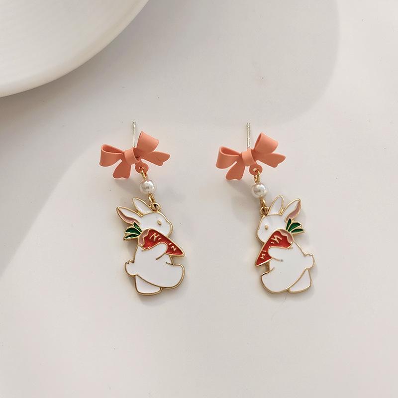Korean Fashion Bow Cute Animal Kitten Dangle Earrings for Women Sweet Flower Rabbit Asymmetric Tassel Earrings Party Jewelry