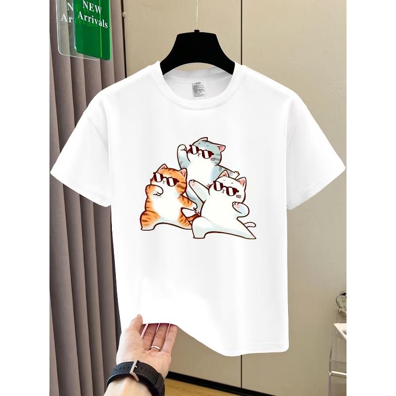 European sizes Boys' Retro Cartoon Cat Print T-Shirt - Black And White Cat Pattern, Slightly Elastic Summer Casual Crew Neck Top