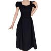 Elegant Korean-Style Pleated Summer Midi Dress with Square Neck and Waist-Cinched A-Line Skirt