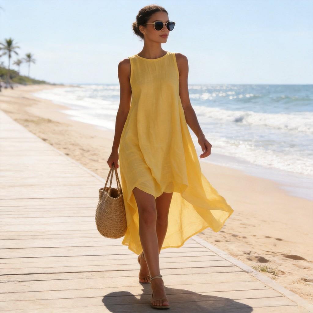 Ärmelloses Midi-Kleid aus Polyester mit unregelmäßigem Saum für Reisen und Urlaub