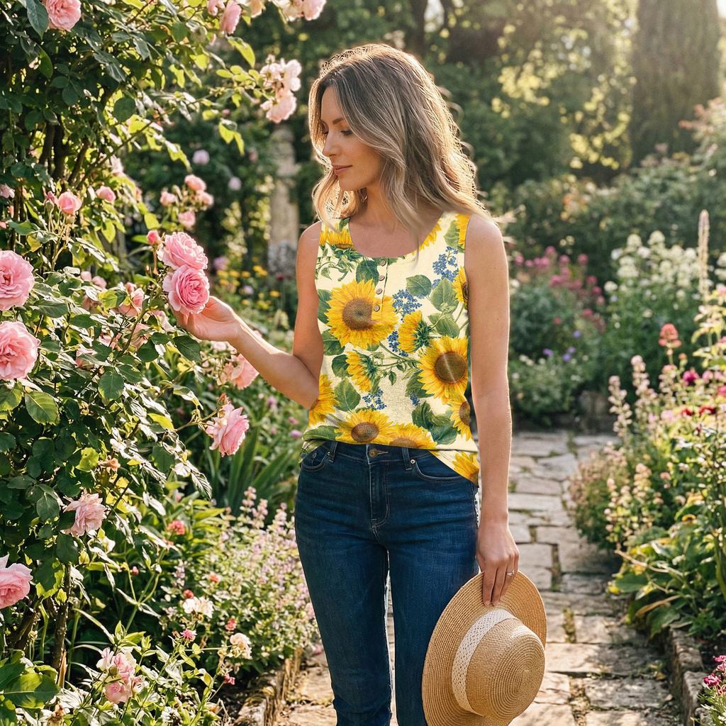 Womens Spring Tops Sleeveless Sunflower Print Summer Shirts for Women Casual Tank Style Womens Summer Shirts