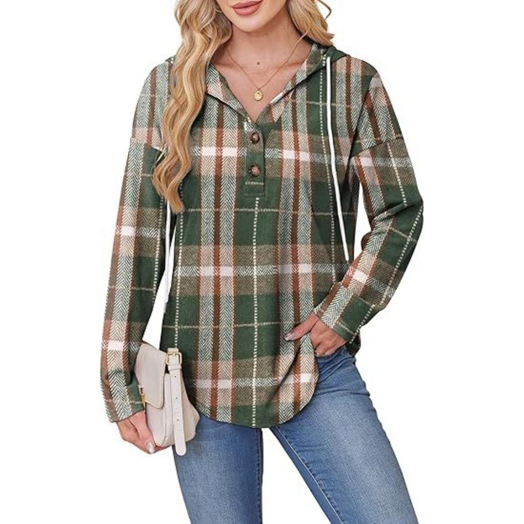 Women's V Neck Button Hooded Plaid Long Sleeve Pullover Sweatshirt, Europe America Fashion Casual Top for Crossborder