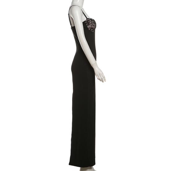 Dames Cami Kant Bodycon Maxi Jurk Spaghettibandjes Mouwloos Split Lange Jurk Sexy Laag Uitgesneden Avondjurk voor Cocktailparty Nachtclubs