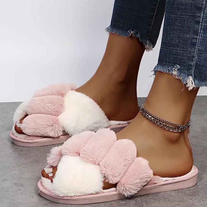 Fashion Contrast Color Cross Strap Plush Slippers for Women Winter Fashion Fluffy House Slippers Woman Cozy Warm Faux Rabbit Fur Slides