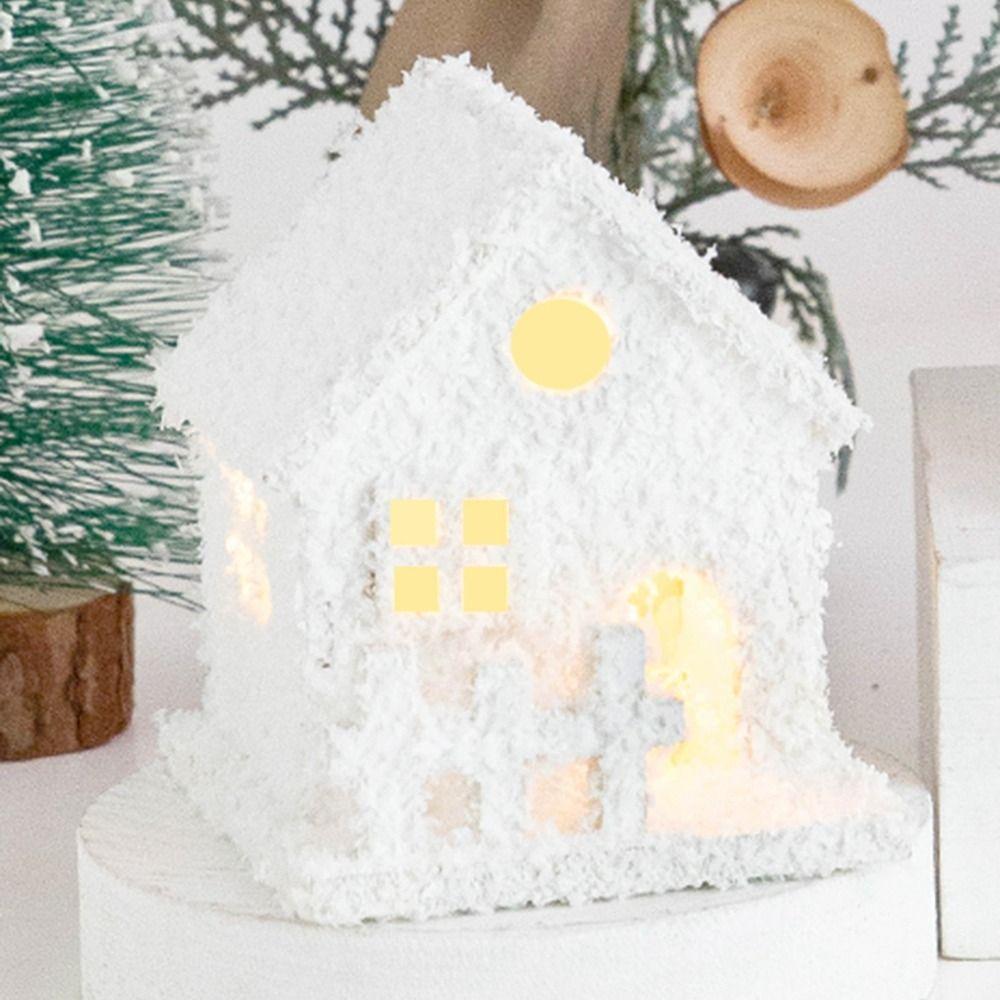 Snow Cabin Mini Christmas LED Light Wooden House White with Snowflake Glowing Castle Luminous Desktop