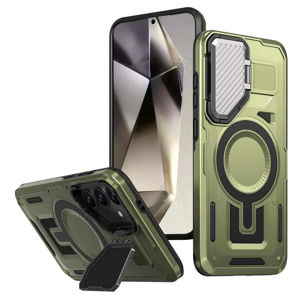 For Samsung Galaxy S25+/S24+ Case Compatible with MagSafe Lens Lid Kickstand PC+TPU Back Cover