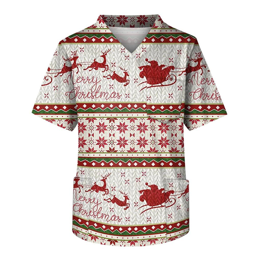 Heren Korte Mouw V-Hals Kerstprint Borstzak Zorgtop