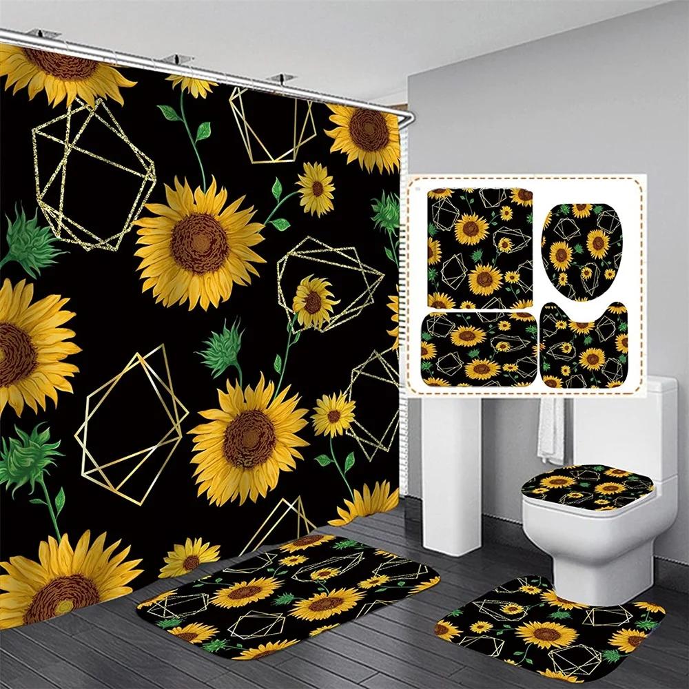 Magic Sunflower Butterfly Shower Curtain Sets Black Yellow Art Country Flower Bathroom Decor Curtains Bath Mats Rug Toilet Cover