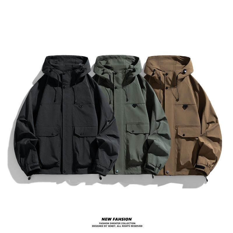 Jacket men's new spring and autumn solid color casual fattening plus size jacket loose hooded cargo men's coat