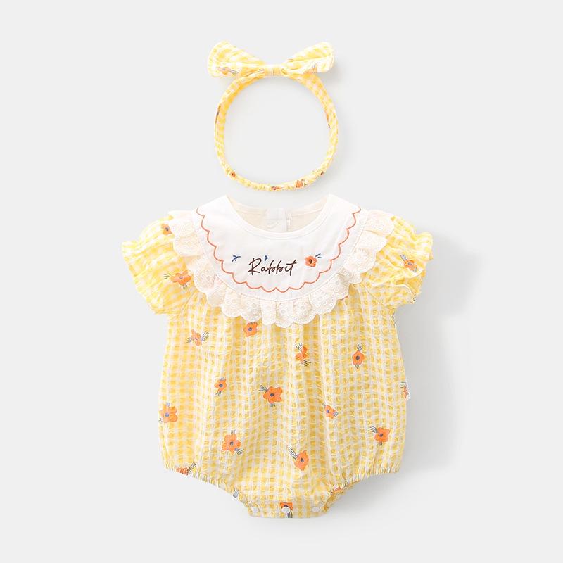 Newborn Girls' Plaid Romper - Summer Infant Bodysuit and Harem Jumpsuit