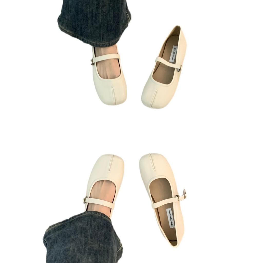 Flat-bottomed gentle evening shoes French cream yellow pig's trotters single shoes women's spring and autumn soft-soled split-toed Mary Jane grandma l
