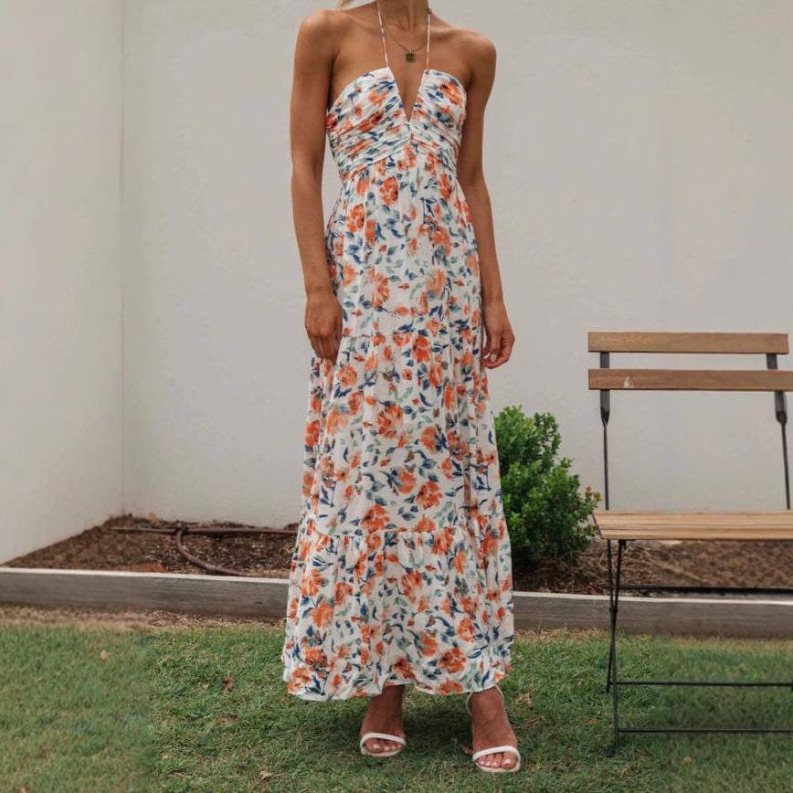 

Женский сарафан с цветочным принтом, V-образным вырезом, многоярусной оборкой по подолу, на бретельках, летнее платье с разрезом S