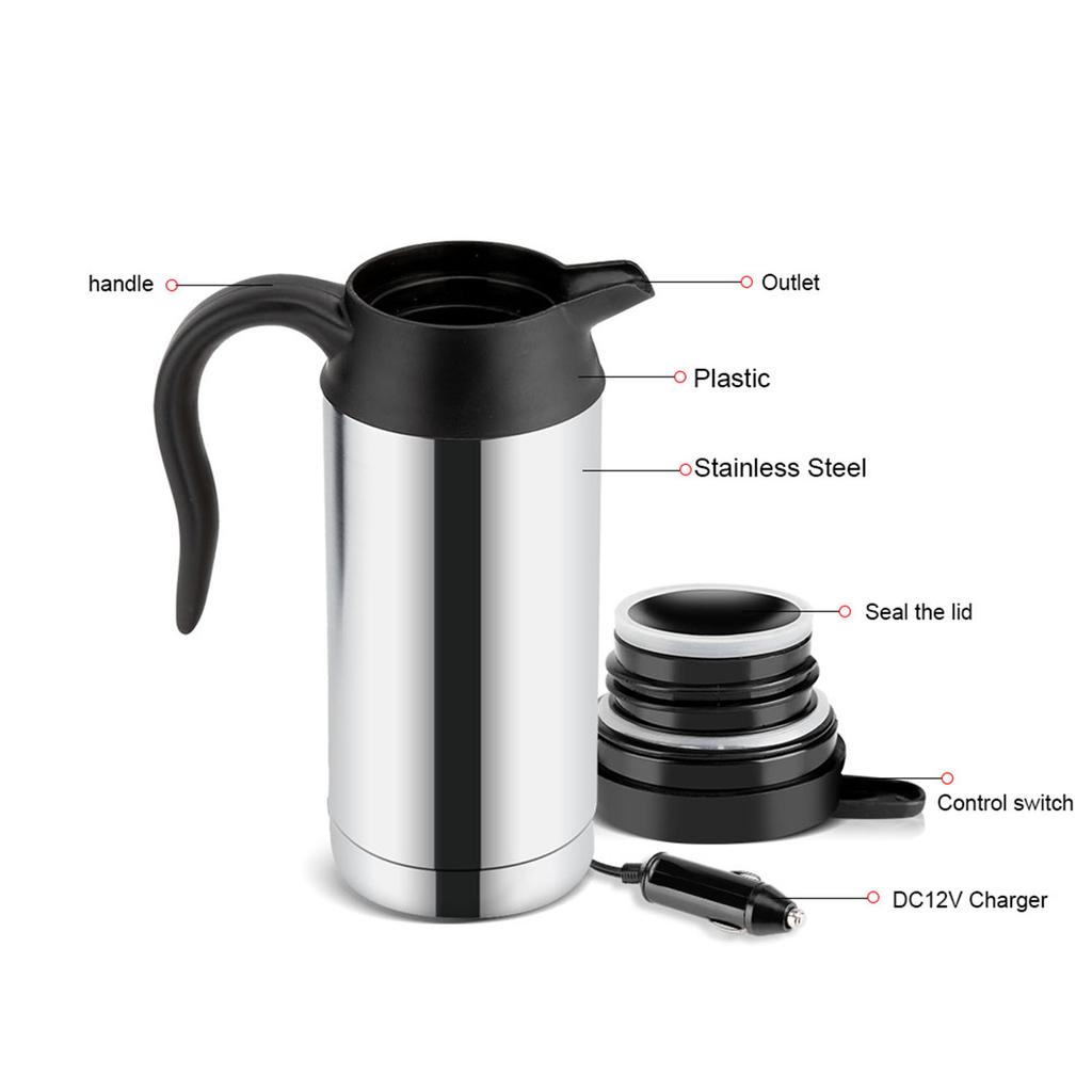 12V 750ML Car Heating Cup Stainless Steel Electric Kettle Water Coffee Milk Thermal Mug for Auto Car Winter Accessories